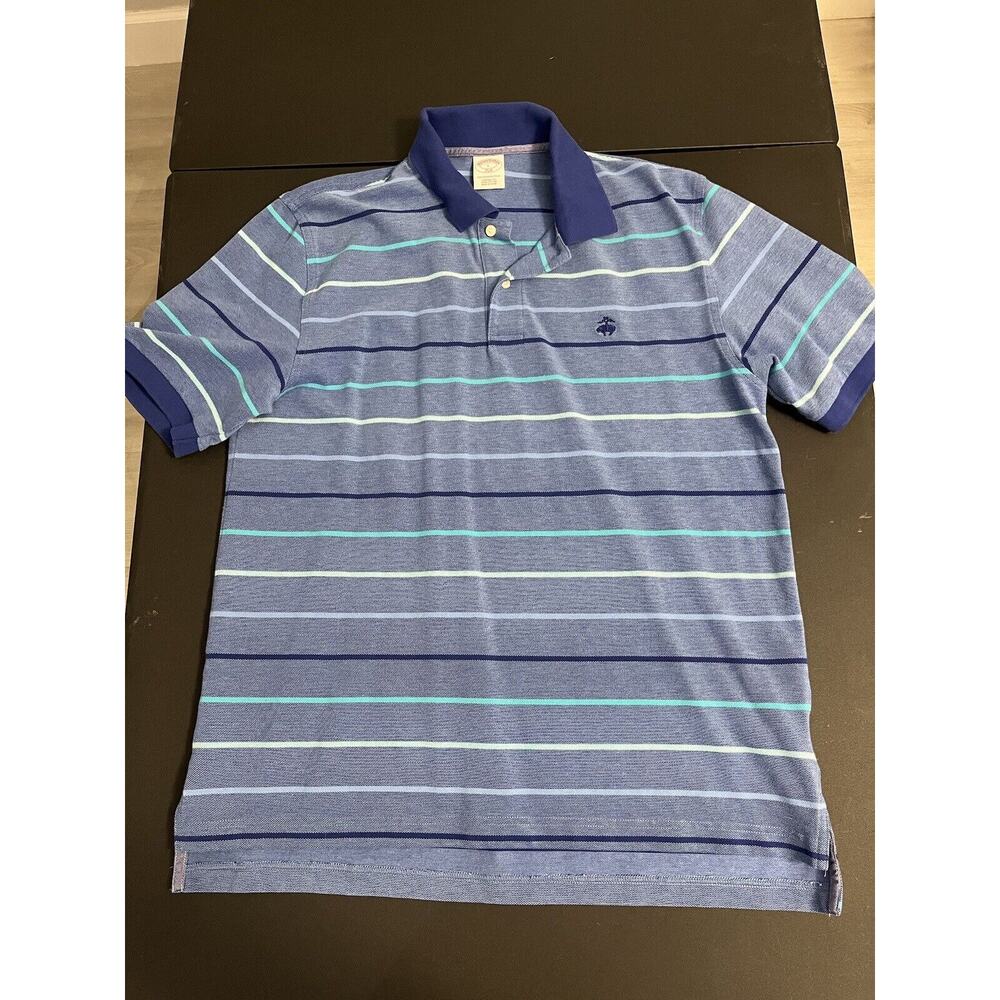 Brooks Brothers Large Adult Polo Shirt Performance Classic Fit Blue Striped Mens